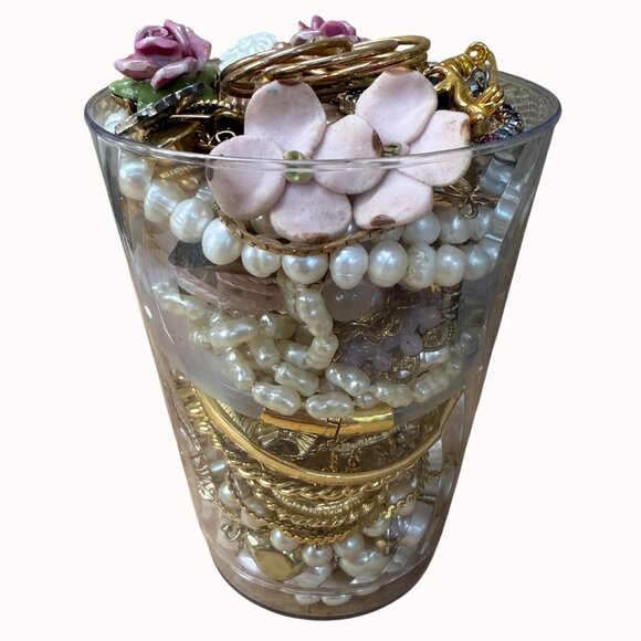 Mixed Vintage Jewelry Lot W/ Enamel Roses Pearl Beads & Gold Tone, Retro, 90's - Picture 1 of 9